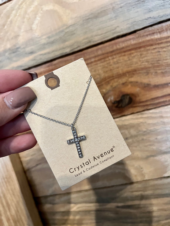 Rhinestone Cross Necklace- Silver