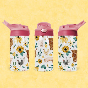 Floral Farm Animals Kids Water Bottle